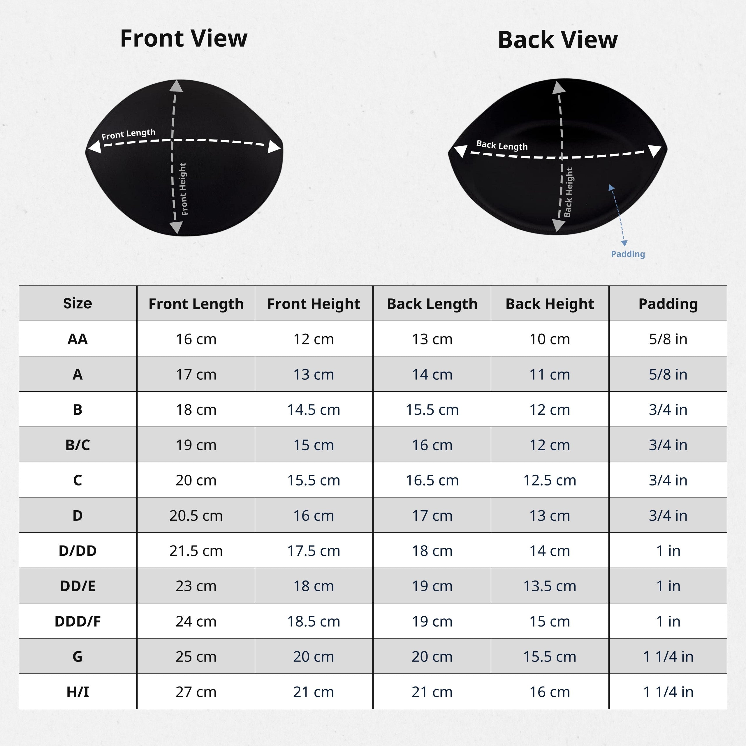 Sizing chart for Padded Bra Cup Inserts shows front, back, and padding measurements for sizes AA to H/I. Two black cup diagrams illustrate fit, featuring details on padded bra cups and bra padding enhancers.