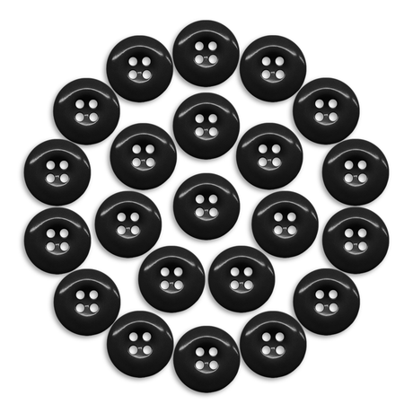 Twenty-two Work Pants Buttons in black, each featuring two holes, are neatly arranged in a circular pattern on a white background. These military-grade buttons are perfect for industrial work pants and serve as ideal replacements for Carhartt.