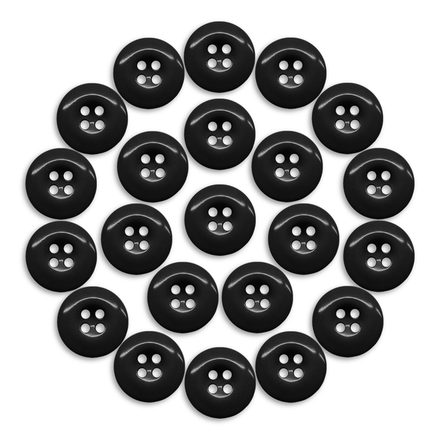 Twenty-two Work Pants Buttons in black, each featuring two holes, are neatly arranged in a circular pattern on a white background. These military-grade buttons are perfect for industrial work pants and serve as ideal replacements for Carhartt.
