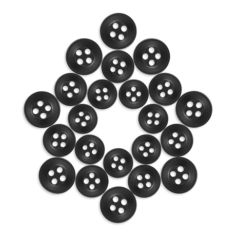 Twenty Replacement Shirt Buttons, known for their durability, are arranged in a star shape on a white background.