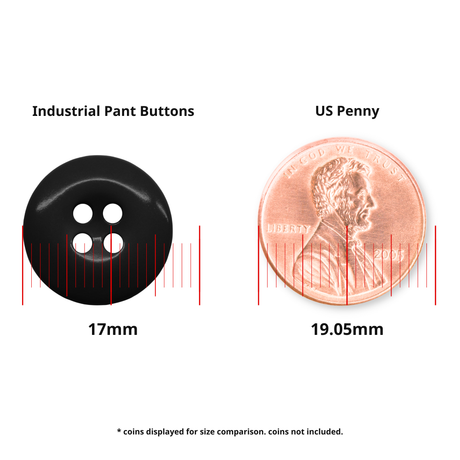 A 17mm black Work Pants Button shown beside a 19.05mm US penny for size comparison.