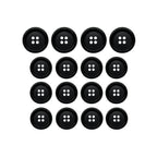 Fifteen Luxury Suit Buttons in black vegan material, each with four holes, arranged in a 4x4 grid with one missing from the bottom row.