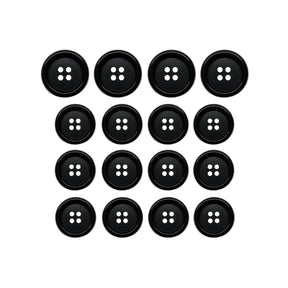 Fifteen Luxury Suit Buttons in black vegan material, each with four holes, arranged in a 4x4 grid with one missing from the bottom row.