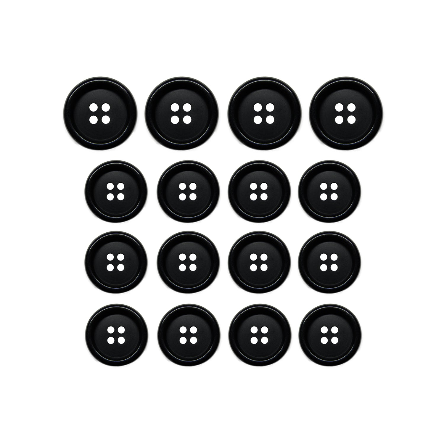 Fifteen Luxury Suit Buttons in black vegan material, each with four holes, arranged in a 4x4 grid with one missing from the bottom row.