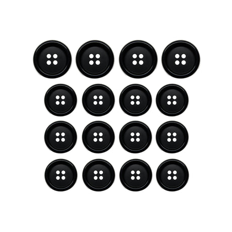 Fifteen Luxury Suit Buttons in black vegan material, each with four holes, arranged in a 4x4 grid with one missing from the bottom row.