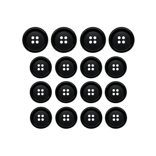 Fifteen Luxury Suit Buttons in black vegan material, each with four holes, arranged in a 4x4 grid with one missing from the bottom row.
