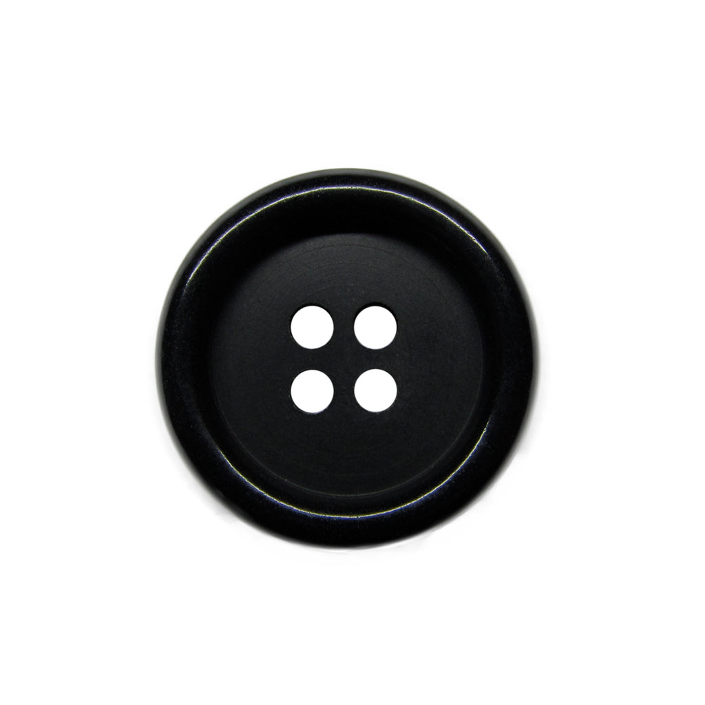 Luxury Suit Buttons: Black, round, four-hole design shown on a white background—ideal for an upscale suit finishing touch.
