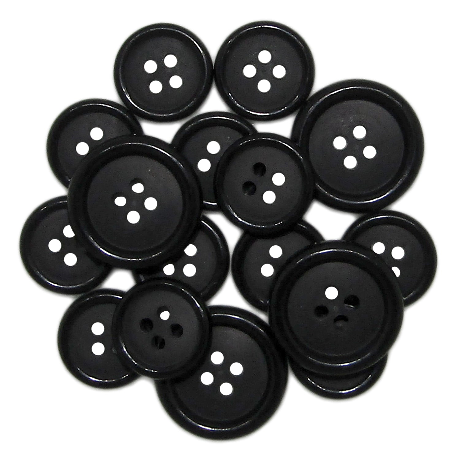 A pile of black round Luxury Suit Buttons with four holes each, including vegan options.