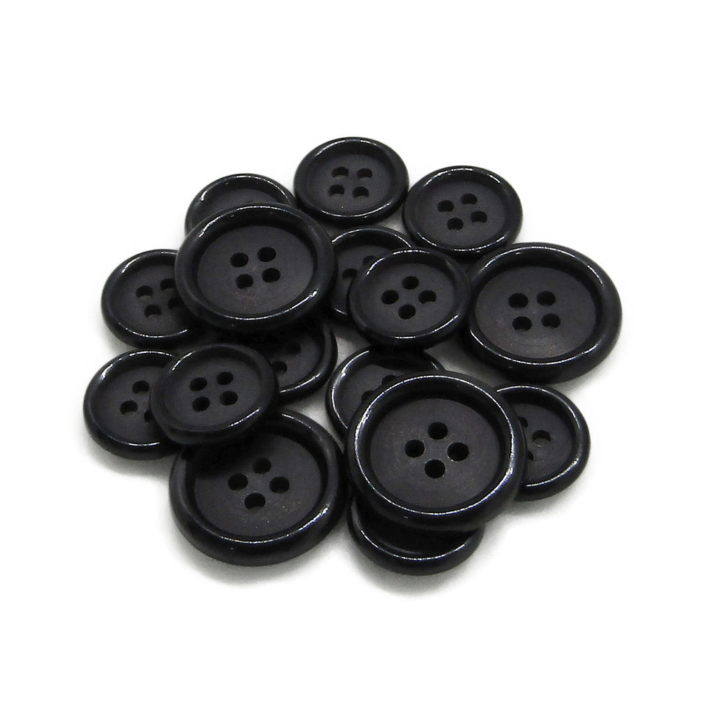 A selection of Luxury Suit Buttons in black, featuring four holes and various sizes, is displayed against a white background.