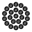 Twenty-three black Work Shirt Buttons, each with four holes, are arranged in a circular pattern on a white background.