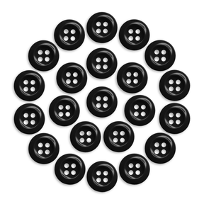 Twenty-three black Work Shirt Buttons, each with four holes, are arranged in a circular pattern on a white background.