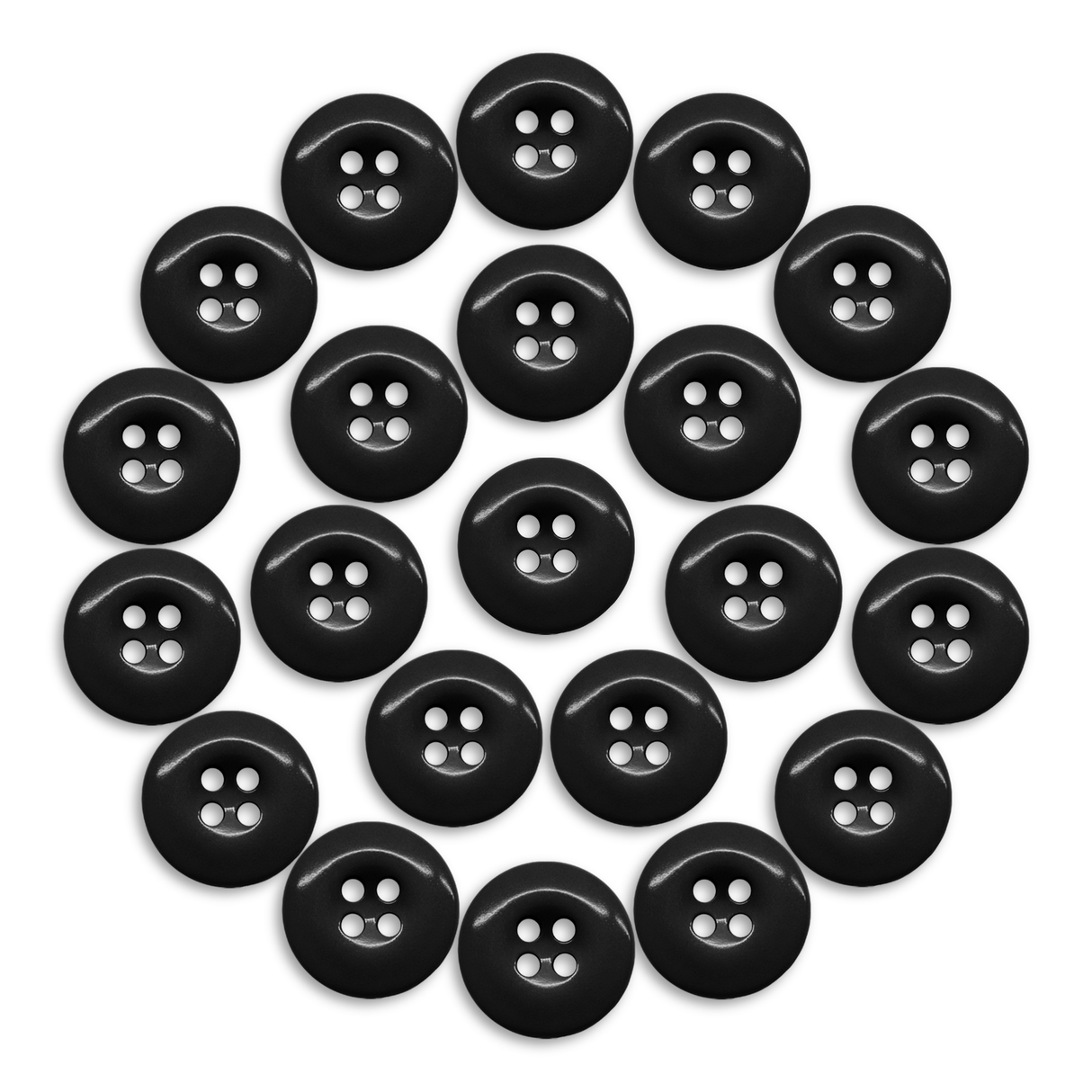 The Work Pants Buttons set includes 23 black, military-grade buttons with two holes in a circular pattern, ideal as replacement fasteners for coats or industrial work pants.