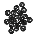 A pile of scattered black Replacement Shirt Buttons from a tailor's kit rests on a white background.