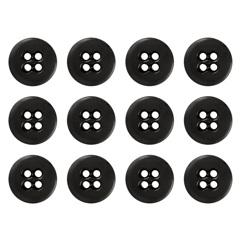 Twelve black Suspender Brace Pant Buttons, heavy-duty melamine with four holes, are arranged in a grid pattern on a white background.