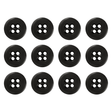 Twelve black Suspender Brace Pant Buttons, heavy-duty melamine with four holes, are arranged in a grid pattern on a white background.