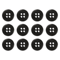 Twelve black Suspender Brace Pant Buttons, heavy-duty melamine with four holes, are arranged in a grid pattern on a white background.