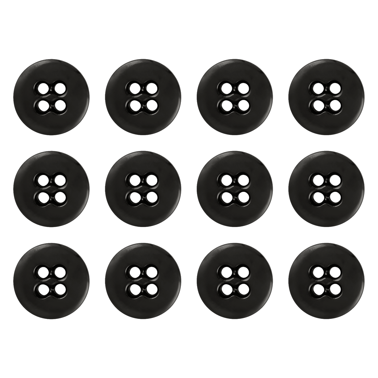 Twelve black Suspender Brace Pant Buttons, heavy-duty melamine with four holes, are arranged in a grid pattern on a white background.