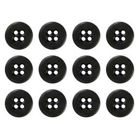 Twelve black Suspender Brace Pant Buttons, heavy-duty melamine with four holes, are arranged in a grid pattern on a white background.