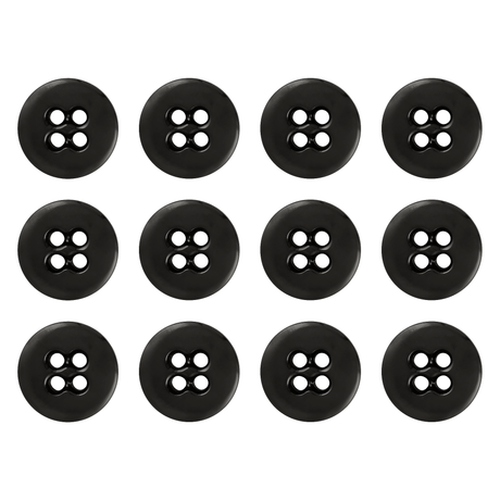 Twelve black Suspender Brace Pant Buttons, heavy-duty melamine with four holes, are arranged in a grid pattern on a white background.