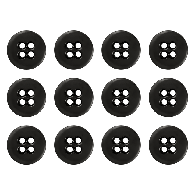 Twelve black Suspender Brace Pant Buttons, heavy-duty melamine with four holes, are arranged in a grid pattern on a white background.