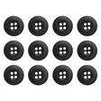 Twelve round Tactical Buttons in black melamine, each with four holes, are arranged in three rows on a white background.