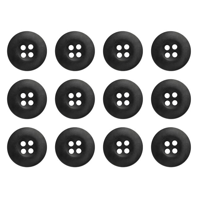 Twelve round Tactical Buttons in black melamine, each with four holes, are arranged in three rows on a white background.