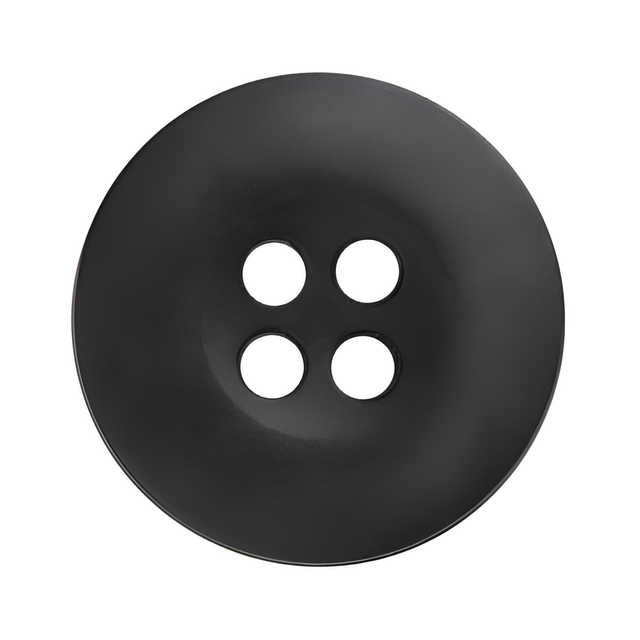 A top view of a round, black Tactical Button made of melamine with four holes on a white background.