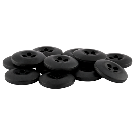 A pile of black, round, four-hole Tactical Buttons made of melamine displayed on a white background.
