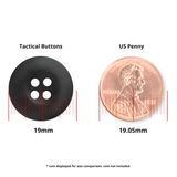 A Tactical Button in black, military spec with 4 holes is displayed next to a US penny, both shown with diameter measurements for size comparison.