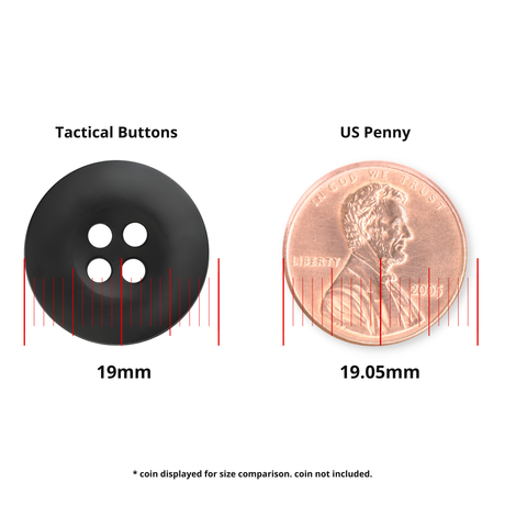 A Tactical Button in black, military spec with 4 holes is displayed next to a US penny, both shown with diameter measurements for size comparison.