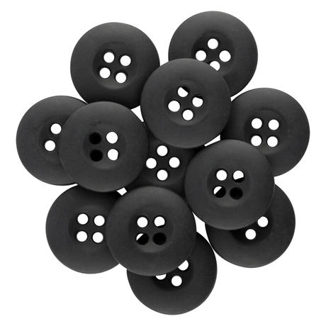 A set of Tactical Buttons, made from black melamine with four holes each, is arranged in a circle on a white background.