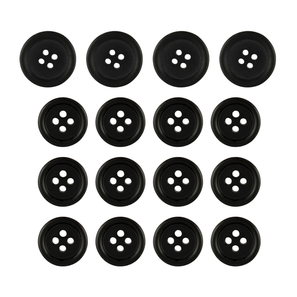 Fifteen Premium Suit Buttons, black with four holes each, are arranged in a grid pattern on a white background.
