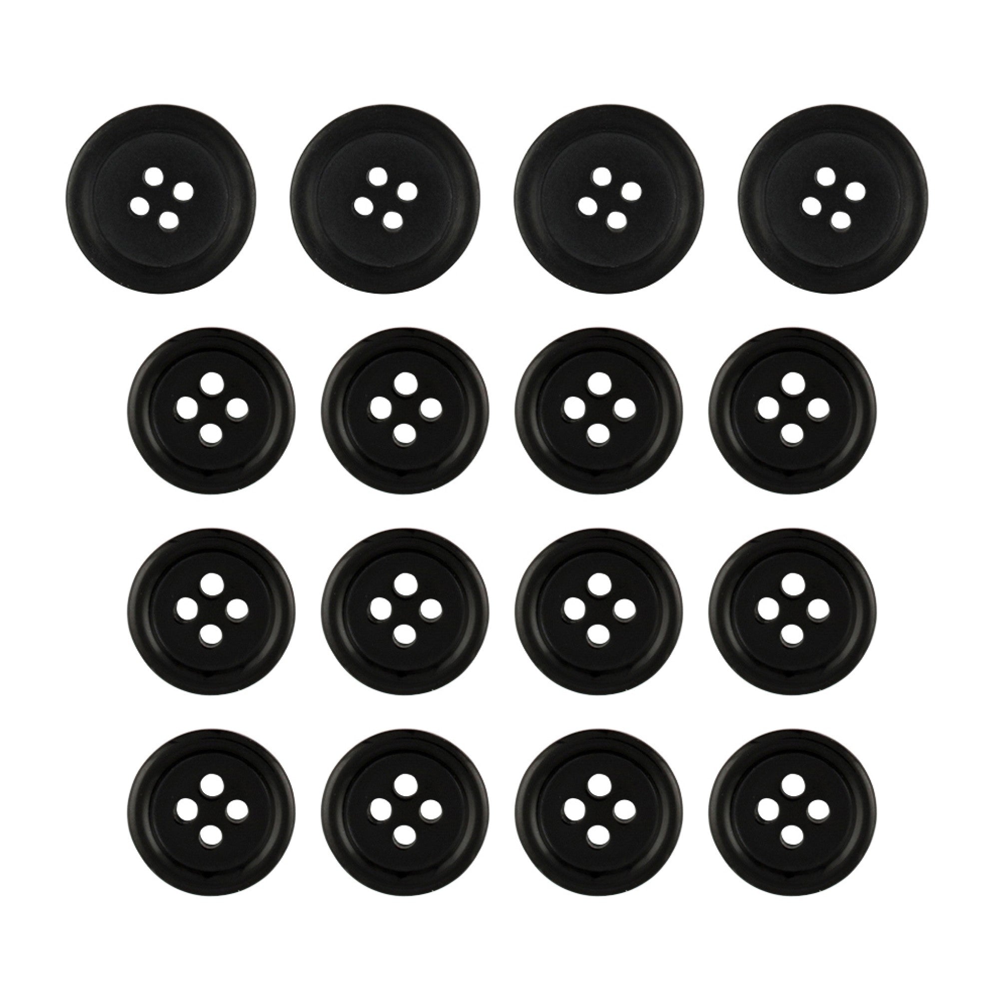 Fifteen Premium Suit Buttons, black with four holes each, are arranged in a grid pattern on a white background.