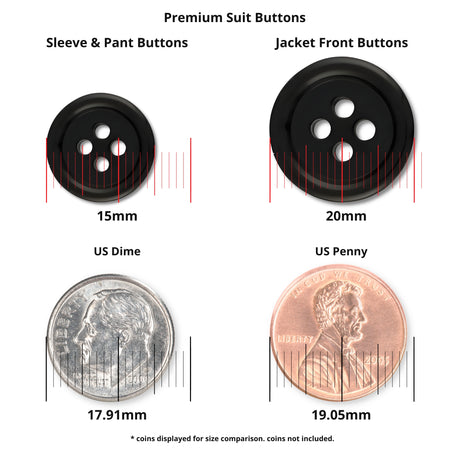 Two Premium Suit Buttons in black are shown next to a US dime and penny for size comparison in millimeters—ideal replacements for blazer buttons.