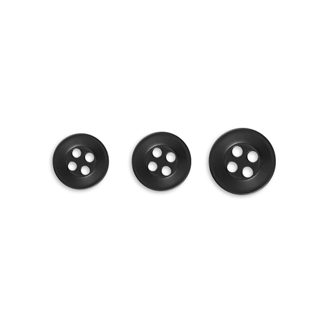 Three black, round Replacement Shirt Buttons of varying sizes with four holes are arranged in a row on a white background—ideal additions to any tailor’s button kit.