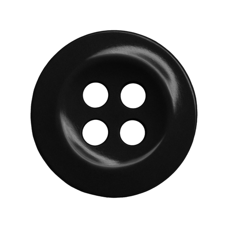 A black, round Work Shirt Button with four holes, photographed on a white background—ideal as a replacement for work shirts.