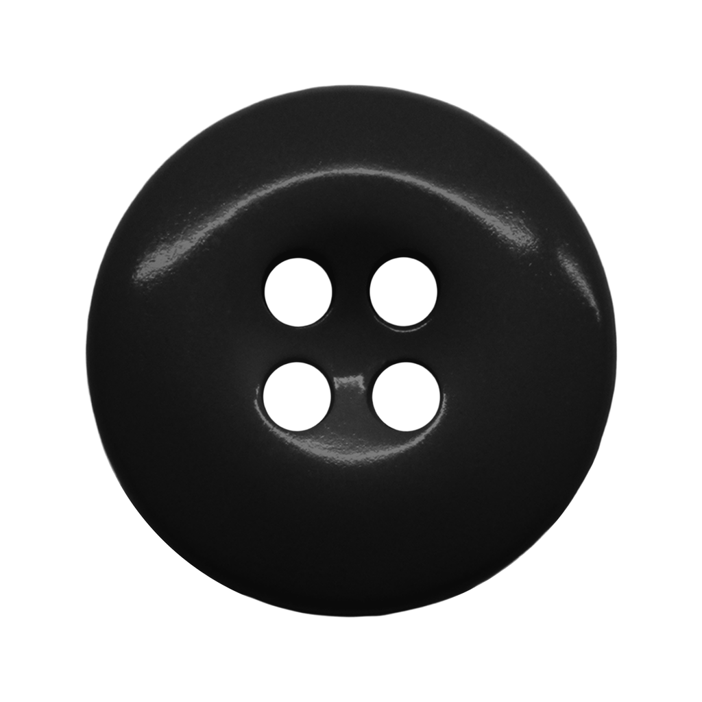 A black, round Work Pants Button with four holes is shown from above on a white background—perfect for military-grade button sets or as replacement fasteners for industrial work pants.