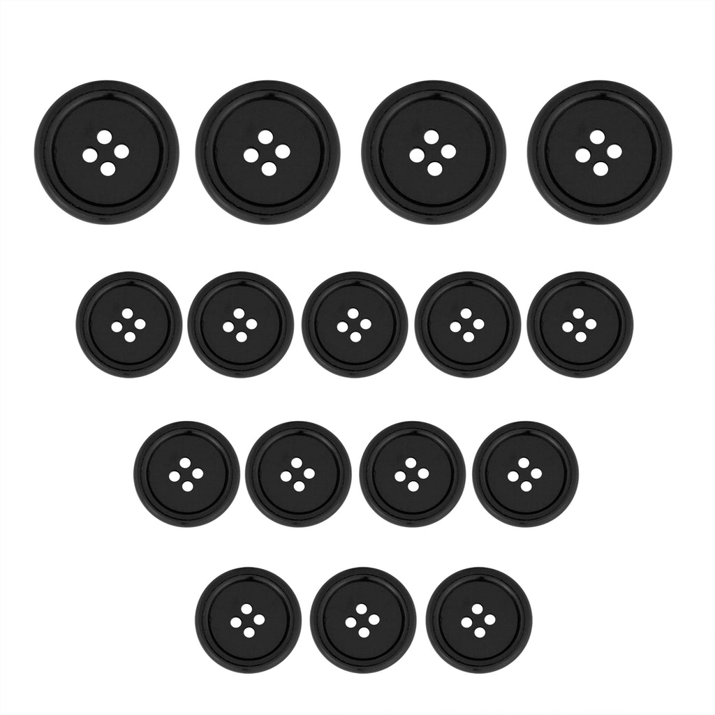 Seventeen Regular Suit Buttons in black, each with four holes, are arranged in an upside-down triangle on a white background—ideal as replacement buttons.