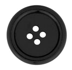 A black, round Regular Suit Button with four center holes, viewed from above on a white background—perfect as a replacement or for expanding your collection of black buttons.
