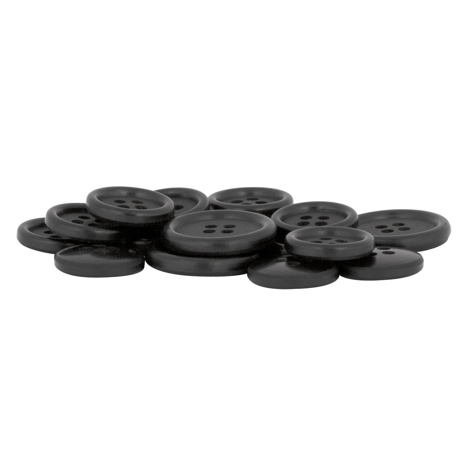 A pile of Regular Suit Buttons, round and black with four holes, is displayed on a white background—ideal as replacement buttons.