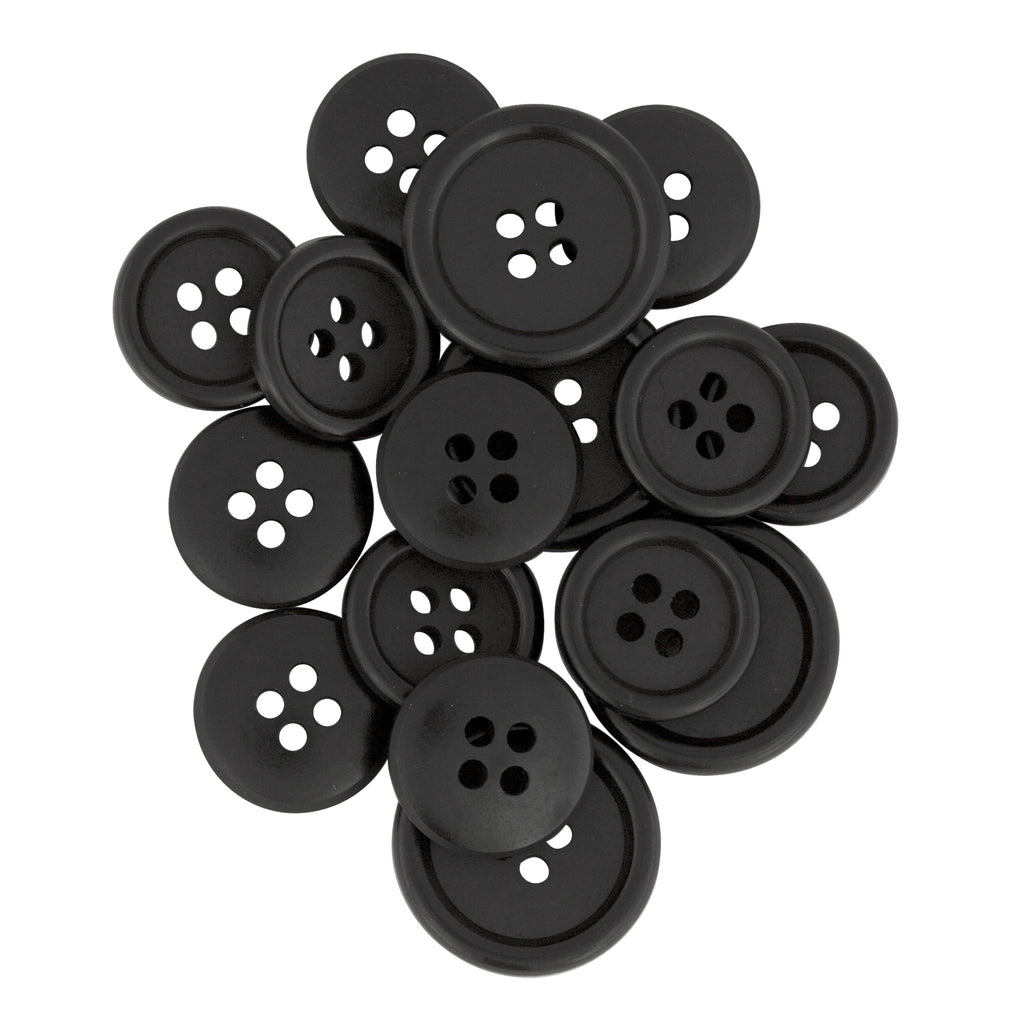 A pile of Regular Suit Buttons, each black with four holes, overlapping on a white background.