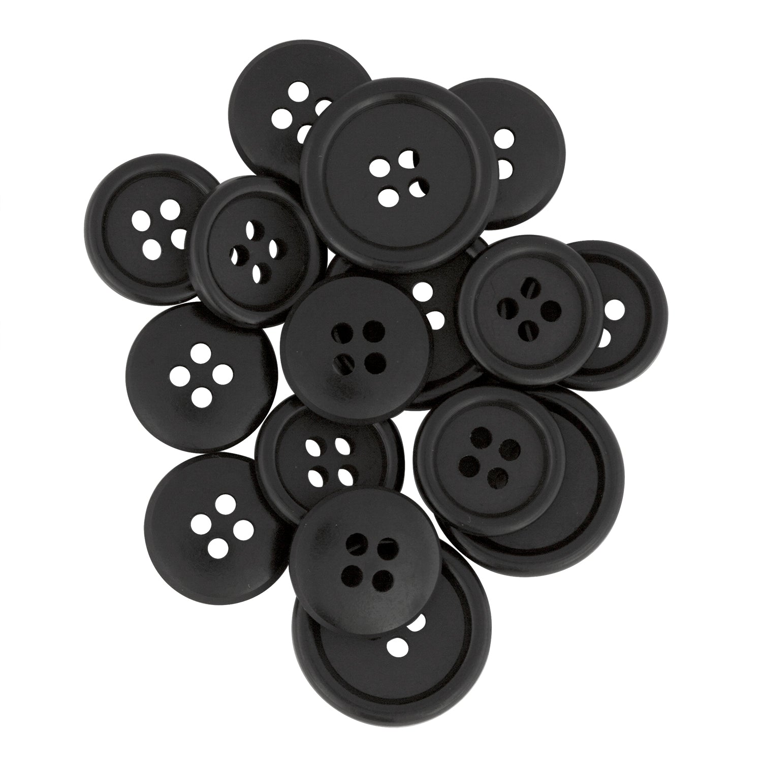 A pile of Regular Suit Buttons, each black with four holes, overlapping on a white background.