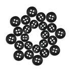 Twenty-four Replacement Shirt Buttons in black poly-nylon with a matte finish are displayed in a circular pattern on a white background, perfect for adding to any tailor’s button kit.