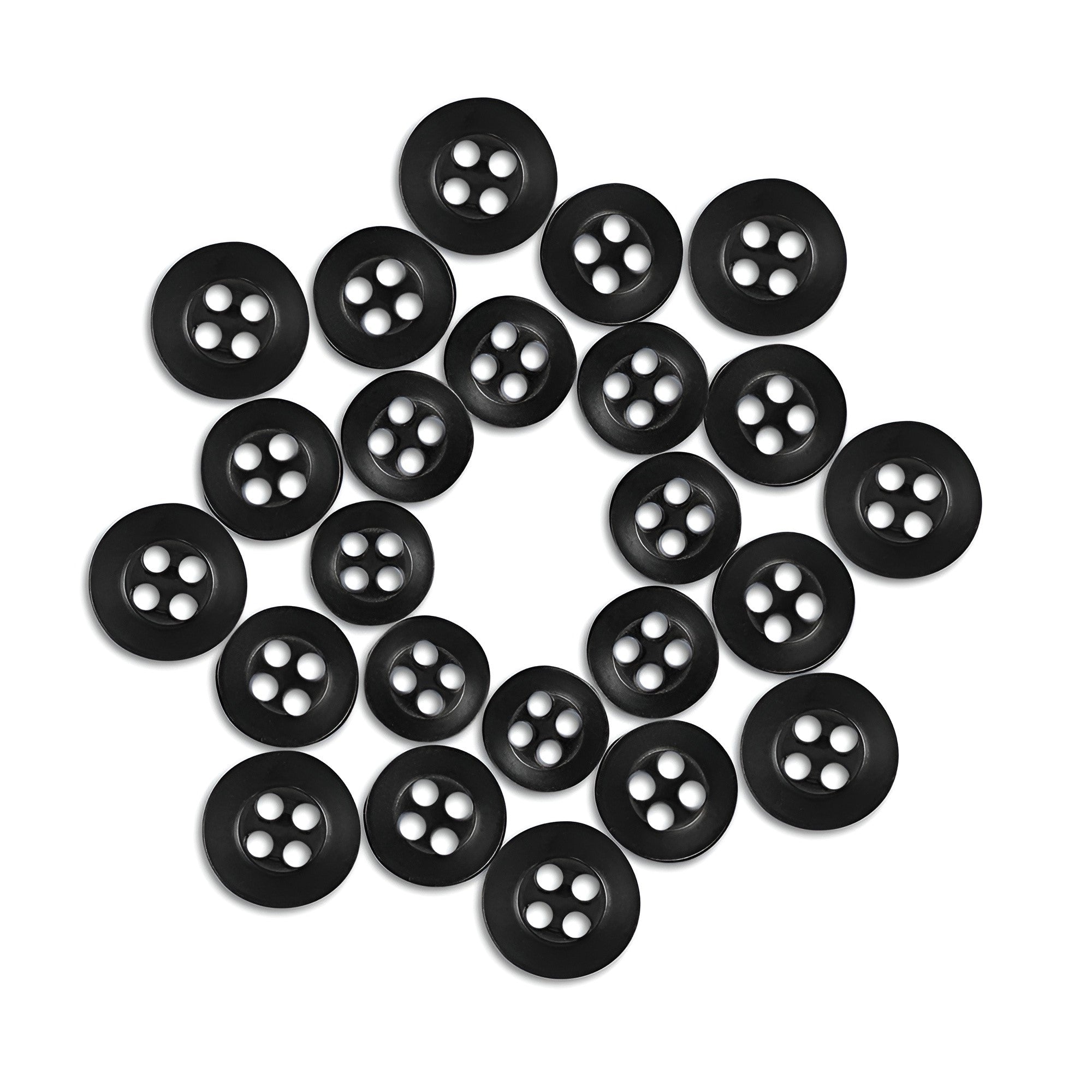 Twenty-four Replacement Shirt Buttons in black poly-nylon with a matte finish are displayed in a circular pattern on a white background, perfect for adding to any tailor’s button kit.