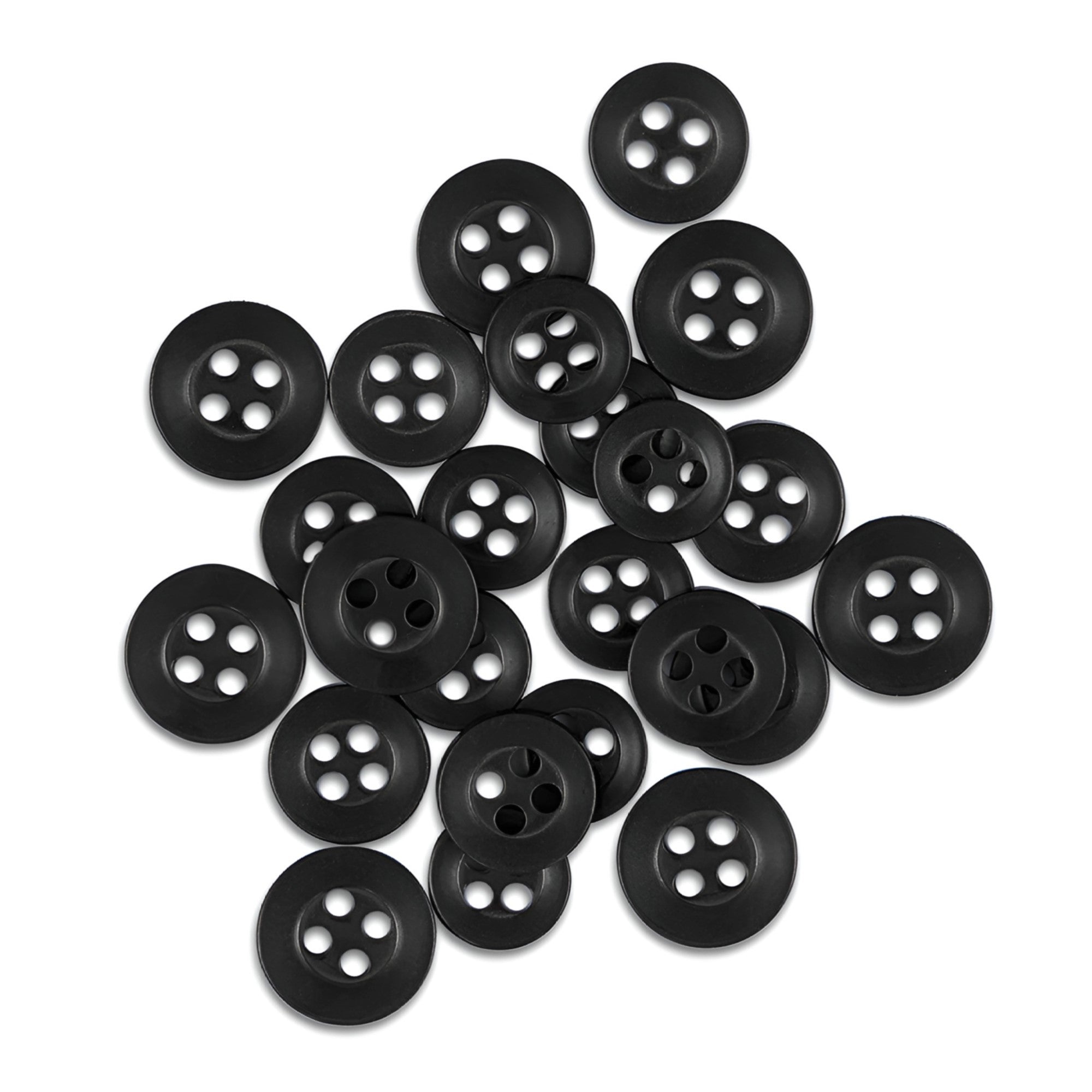 A collection of black, four-hole Replacement Shirt Buttons with a matte poly-nylon finish is displayed on a white background.