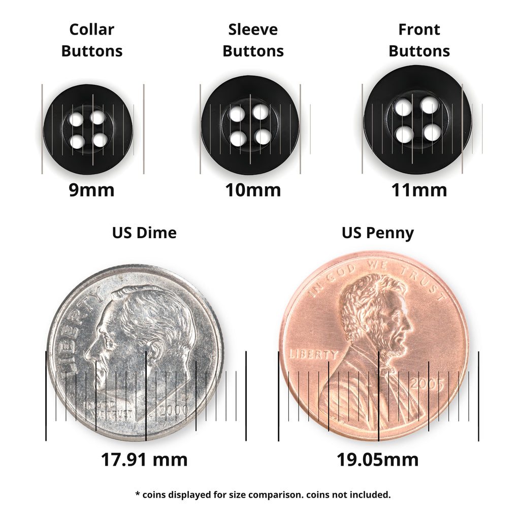 Replacement Shirt Buttons in three matte finish sizes are displayed beside a US dime and penny, with each button’s size shown in millimeters for easy comparison.
