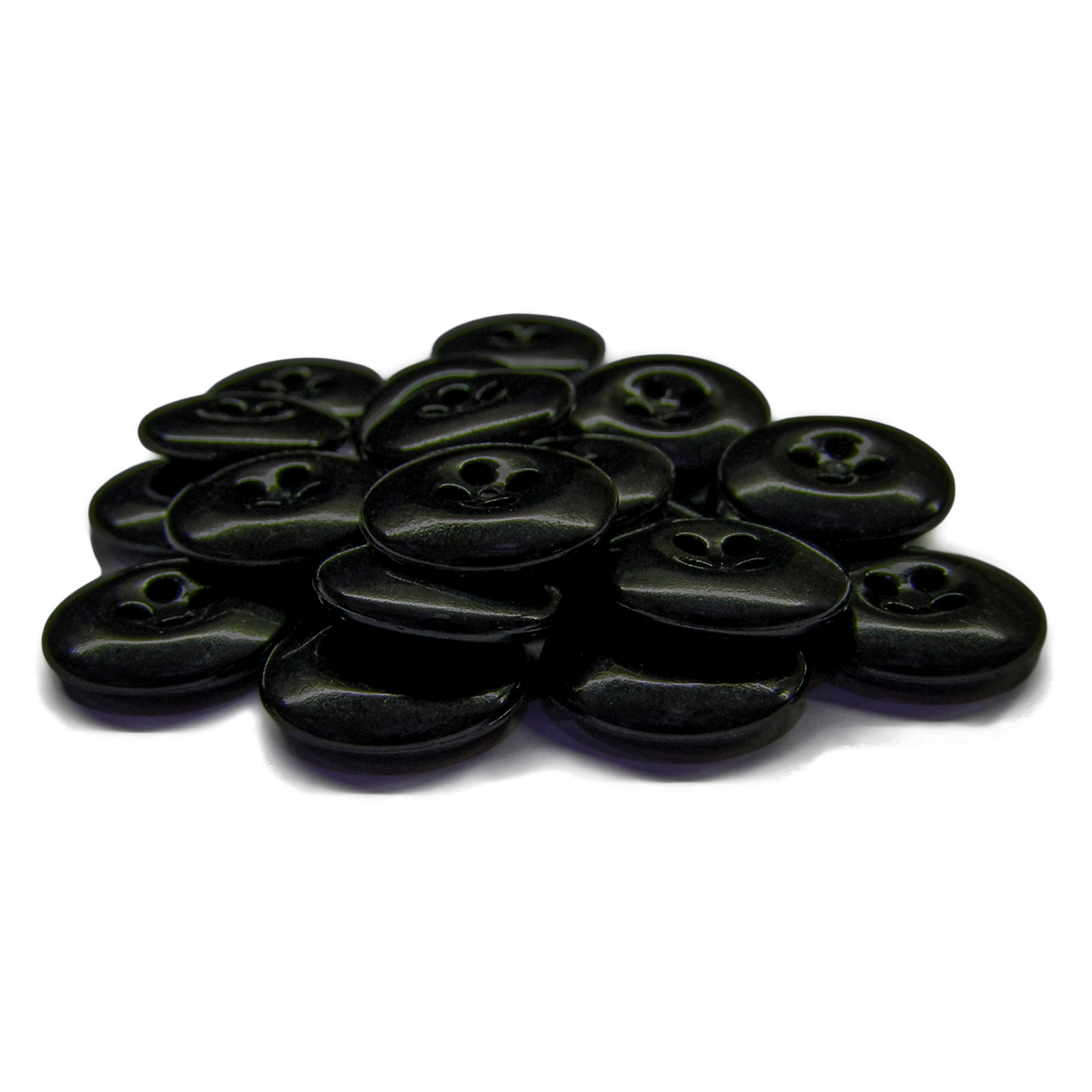 A set of shiny, black, round Work Pants Buttons with four holes, military-grade quality, displayed on a white background.