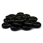 A set of shiny, black, round Work Pants Buttons with four holes, military-grade quality, displayed on a white background.
