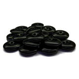 A set of shiny, black, round Work Pants Buttons with four holes, military-grade quality, displayed on a white background.