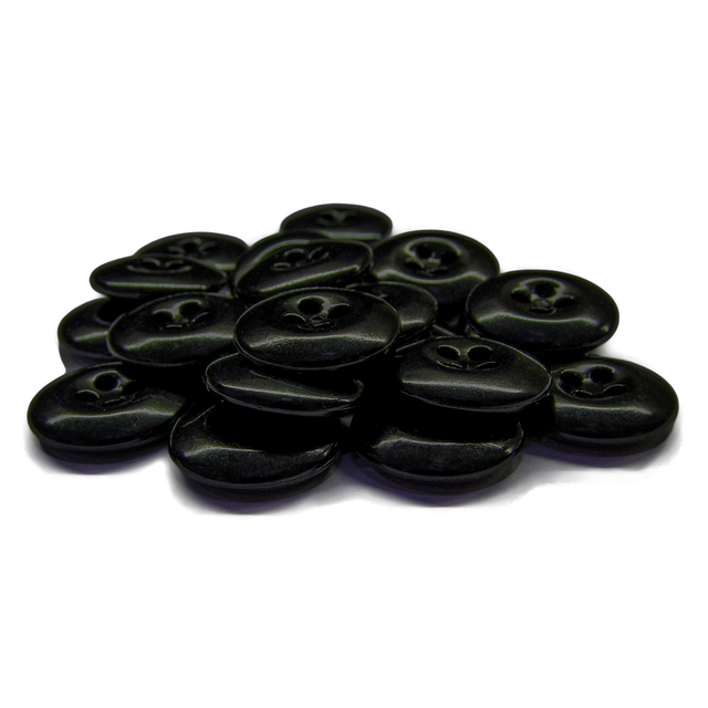 A set of shiny, black, round Work Pants Buttons with four holes, military-grade quality, displayed on a white background.